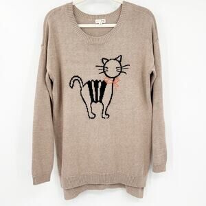 Maison Jules‎ Womens Fall Neutral Kitten Cat Knit Oversized Crewneck Sweater M